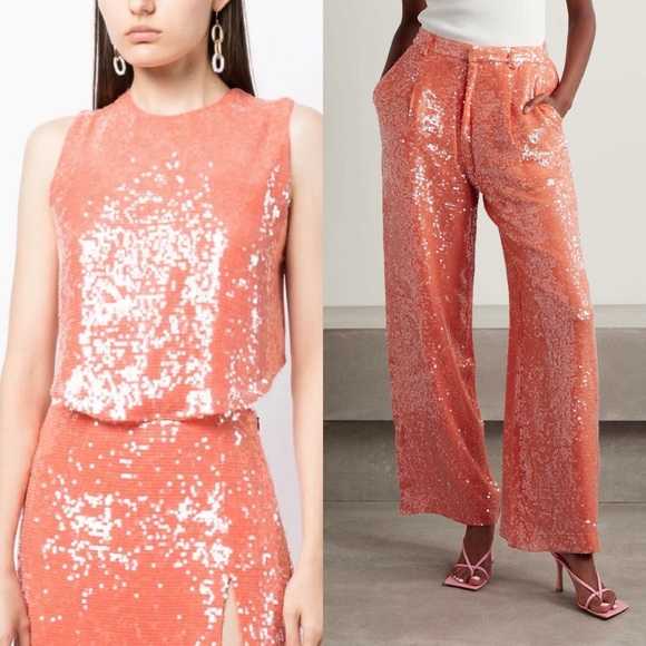 SALLY LAPOINTE Sequin Embellished Top Pants FULL SET in Coral Sz 12 US - Picture 1 of 14